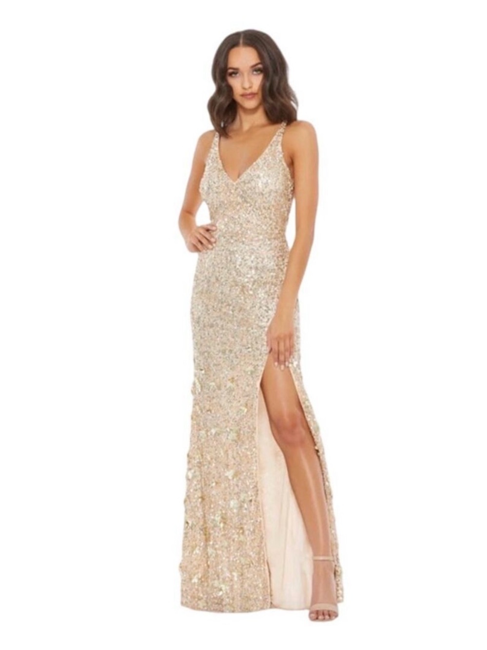 MAC DUGGAL Dress Size 2 Evening Gown Sequin Cream NEW 3D Flowers V Neck Strappy